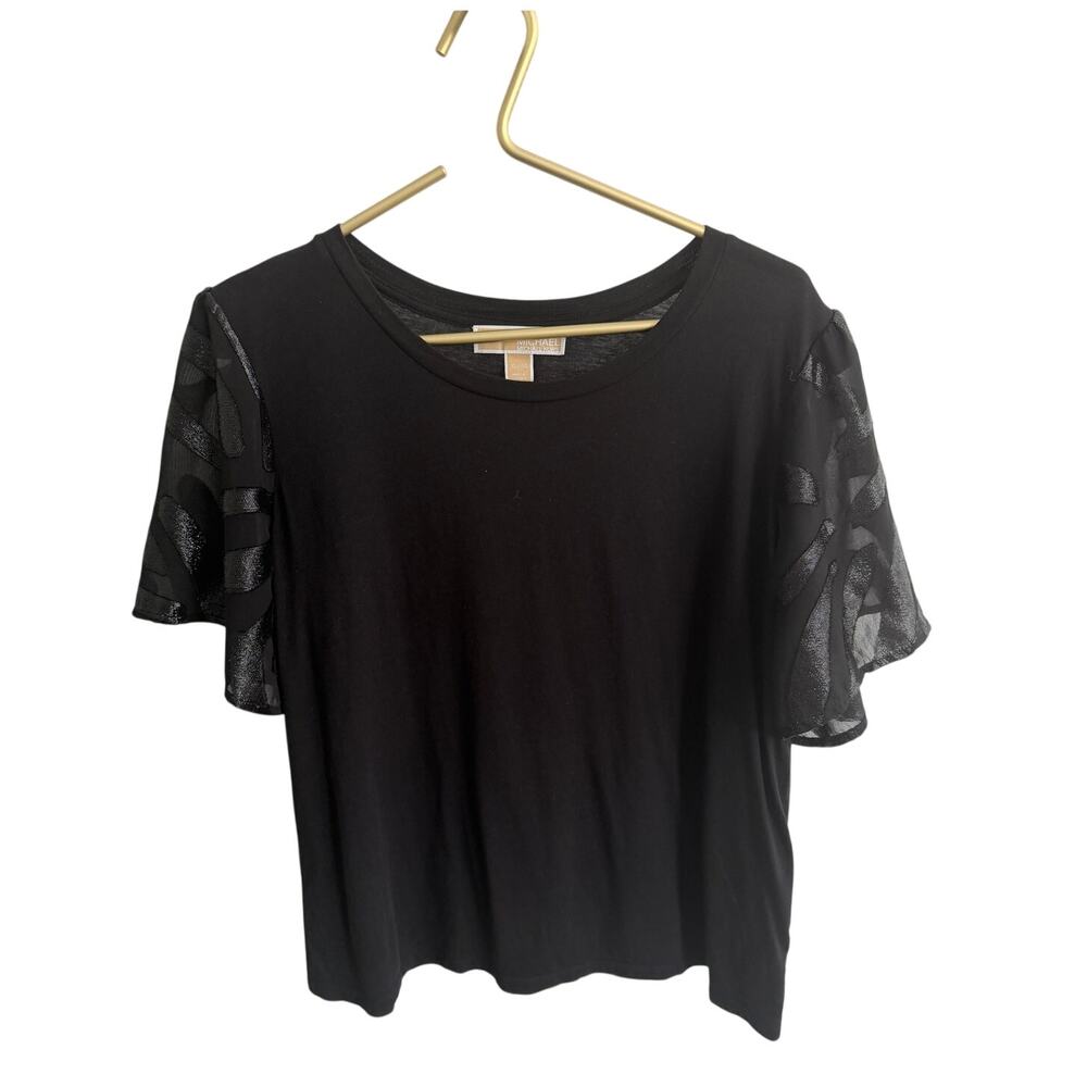 MICHAEL KORS Black Sheer Metallic Flutter Sleeve Top XL Cotton Modal RE25 EUC - Picture 3 of 8